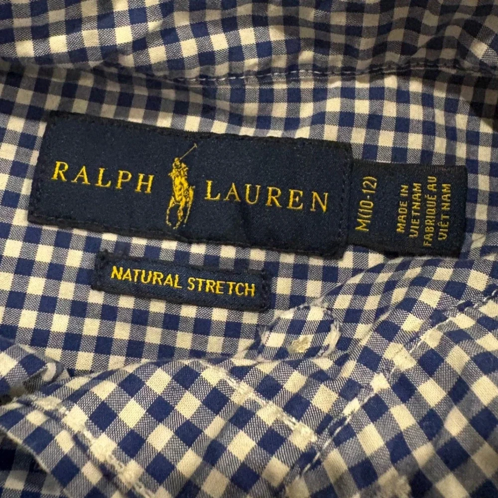 Ralph Lauren Boys Blue Gingham Check Button Down Shirt‎ Natural Stretch M 10-12